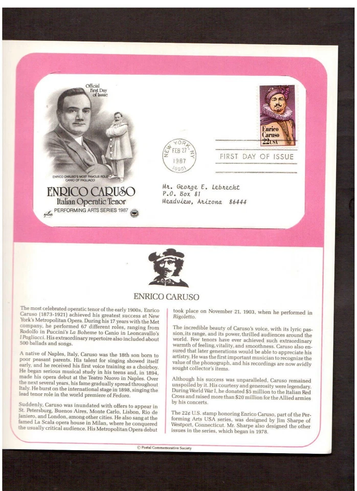 Postal Society First Day Cover FDC stamp # 2250 22 cent Enrico Caruso 1987 - Image 1 of 1