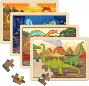 SYNARRY Wooden Dinosaur Jigsaw Puzzles for Kids Ages 3 4 5 6, 4 Packs 24 Piece - Picture 1 of 12