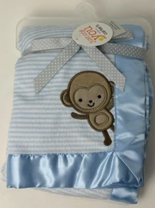 NWT Carters Just One You Blue And White Striped Brown Monkey Satin Baby Blanket - Bild 1 von 5