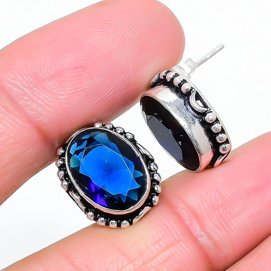 Blue Tanzanite Gemstone 925 Sterling Silver Jewelry Stud Earring Size 0.75" - Image 1 of 1
