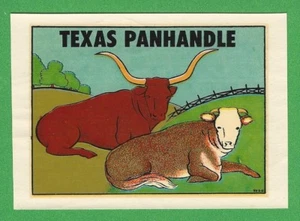 VINTAGE ORIGINAL 1948 "TEXAS PANHANDLE" HEREFORD/LONG HORN CATTLE DURO AUFKLEBER KUNST - Bild 1 von 1