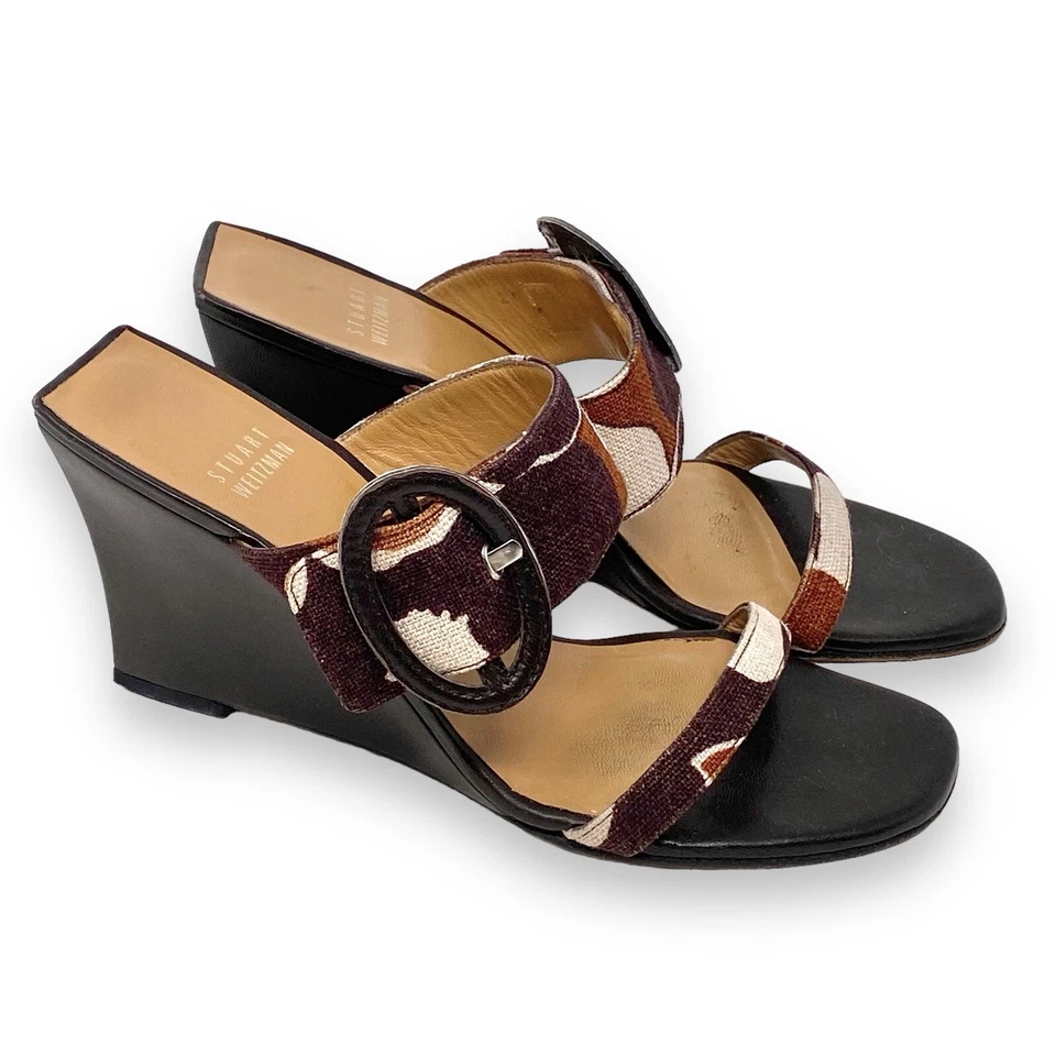 Stuart Weitzman Camouflage Double Strap Wedge Heels Slides Buckle Open Toe Brown - Imagem 1 de 4