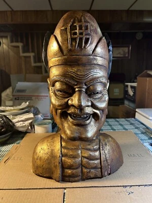 Cabeza de Buda de madera artesanal color dorado, vintage Foto 1 de 4