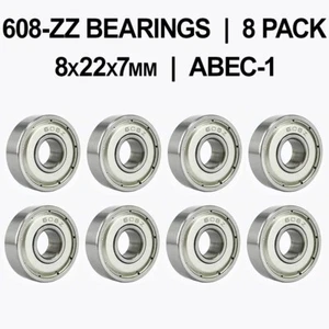 608-ZZ Shielded Ball Bearings (8x22X7mm) - 8 pack - Chrome Steel - ABEC-1 - Picture 1 of 3