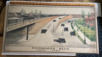 1930s Queens New York VTG Watercolor Painting Woodhaven Blvd/Union Tpke Proposal - Image 1 of 4