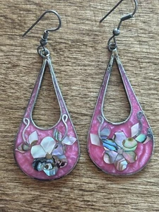 Vintage Sterling Silver Mother of Pearl Mosaic Inlay Dangle earrings - Picture 1 of 6