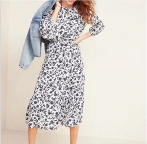 Old navy women L Floral Print Defined Bracelet Sleeve Midi Dress White/Navy blue - Picture 1 of 10