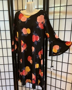 Neu mit Etikett Tommy Hilfiger schwarz & rosa Blumen Glockenärmel Kleid-Größe 12 elegant Arbeit - Bild 1 von 6