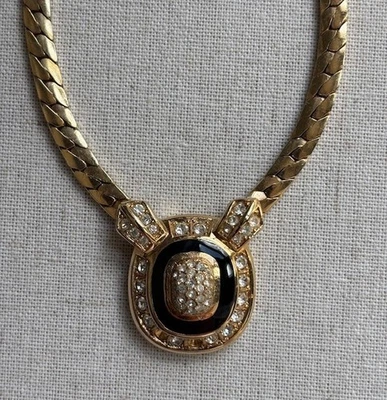 Vintage Christian Dior Gold-Toned Black Enamel and Crystal Rhinestone Necklace - Image 1 of 4