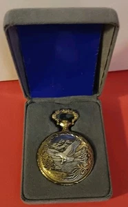 Beautiful MAJESTI Quartz Pocket Watch Gold Layered E. Pluribus Unum Eagle - Picture 1 of 3