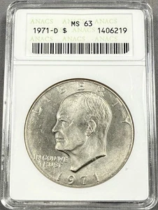 Dólar Eisenhower 1971-D $1 - ANACS MS63 - Jabonera antigua soporte blanco - Imagen 1 de 2