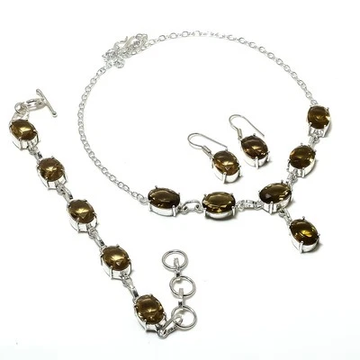 Rauchquarz Edelstein Halskette Set Handarbeit Oval Form Solitär Schmuck Set - Bild 1 von 4