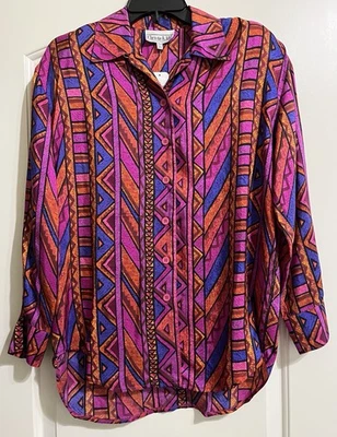 Blusa multicolor nueva con etiquetas Christie & Jill para mujer 100 % seda manga larga talla XS Foto 1 de 4