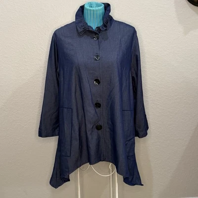 Túnica Caroline Rose Azul Denim Oscuro Cuello Ceñido Botón Frontal Mordedura de Tiburón Dobladillo L Foto 1 de 4