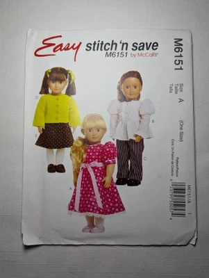 McCall Sewing Pattern 6151 Doll Clothes 18" Wardrobe EASY Stitch N Save -Uncut - Image 1 of 4