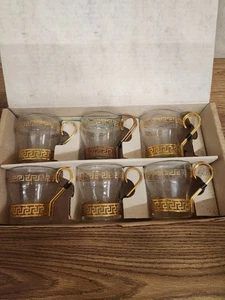 Vintage Libbey Glass Continental Cup Set Gold Greek Key Metal Holders Set of 6 - Picture 1 of 5