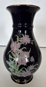 Asian Ceramic Vase Purple With Floral Motifs Gold Rim 9” Tall x 4.5” Wide - Picture 1 of 11