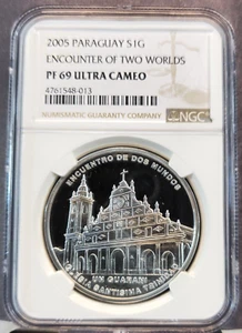 2005 PARAGUAY SILVER 1 GUARANI IGLESIA SANTISIMA TRINIDAD NGC PF 69 ULTRA CAMEO - Picture 1 of 3