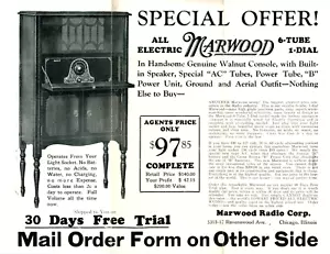 Original Marwood 6 Röhren Elektro Radio Werbung von 1927 Konsole Nussbaum, eingebauter Lautsprecher - Bild 1 von 2