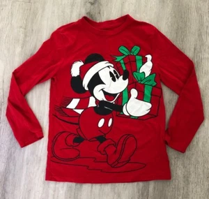 Disney Mickey Mouse Christmas Graphic Tee Long Sleeve Shirt Red Kids Boys Size S - Picture 1 of 7