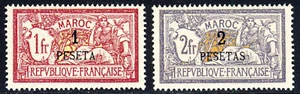FRENCH P.O.s IN MOROCCO 1902 1 & 2 Peseta Surcharges On Mersons SG 24 & 25 MNH - Picture 1 of 2