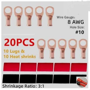 10 RED/BLACK Heat Shrink Tubing LUGS # (10) 8AWG Gauge Copper Ring Terminals - Picture 1 of 7