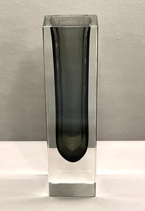 Vintage Mid-Century Murano Vase Smoky Gray & Clear Faceted Italian Art Glass - Picture 1 of 7