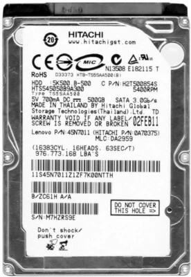 HGST TRAVELSTAR 5K500 500GB SATA III 5400Rpm HTS545050B9A300 8MB 2.5'' Pollici - Immagine 1 di 3