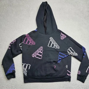 Adidas Hooded Sweatshirt Youth 14 Black Long Sleeve All Over Print Casual - Picture 1 of 14