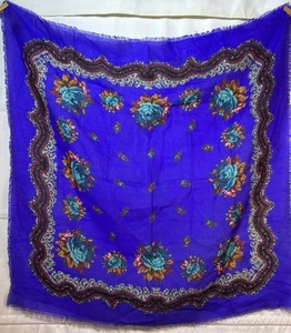 VTG Japanese Glentex Acrylic Fringe Boho Floral Scarf Shawl Purple Red Teal 30" - Picture 1 of 8