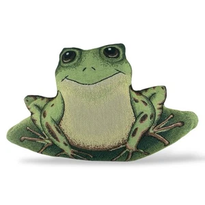 Green Tapestry Sitting Frog On Lily Pad Shaped Decorative Accent Pillow - Picture 1 of 5