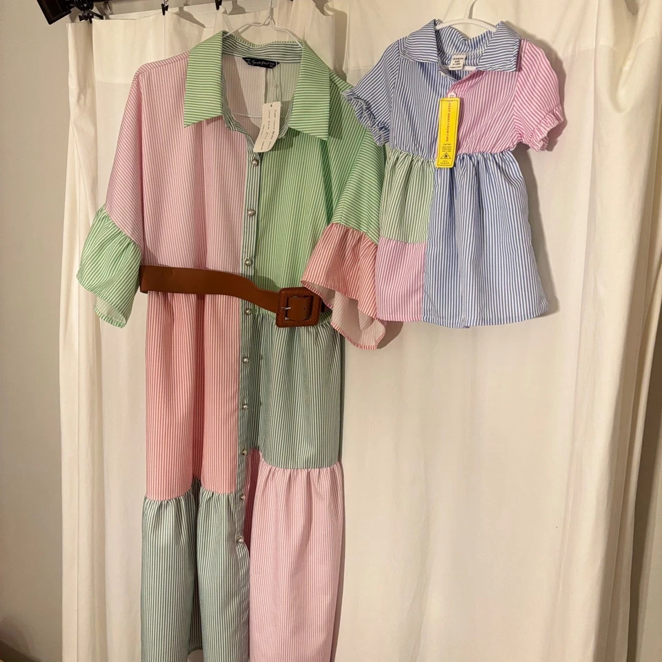 Mom & Baby Matching outfit dress pin strip dress belt preppy mom 1XL baby 9-12m - Image 1 of 4