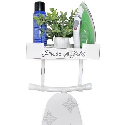 White Enamel Ironing Board Caddy, Rustic Ironing Board Holder w/ Storage Shelf - Image 1 of 4