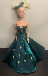 Vintage 1998 Christmas Barbie Doll Green & Gold Gown - Picture 1 of 9