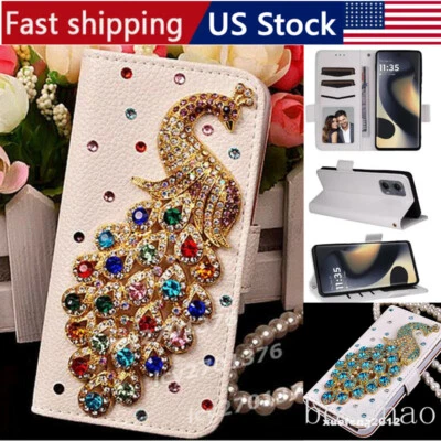 Peacock Leather Flip Wallet Women Case + 2PCS Glass Screen Protector + 2 Straps - Image 1 of 4