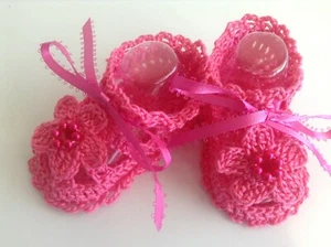 Rose Pink Handmade Crochet Booties Shoes SOLE 3 1/2 Inches - Picture 1 of 4