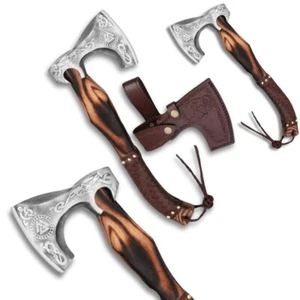 Tomahawk Ascia da Barba con Testa Incisa, Manico in Legno di Frassino Avvolto in Pelle - Foto 1 di 7