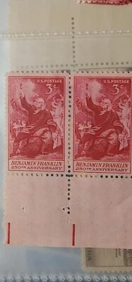 US 3c stamp, SC #1073, 250th Anniversary of Benjamin Franklin Unused Pair -#B247 - Image 1 of 3