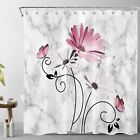 Pink Floral Shower Curtain Vintage Daisy Flower With Butterfly On Grey