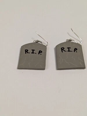 Tombstone RIP Halloween Gray Rubber Hook/Dangle Earrings. 1.5". - Image 1 of 4