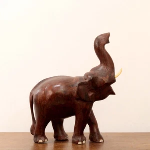 Trunk Up Elephant Statue Wooden Handmade Sculpture Feng Shui Vastu Home Decor - Picture 1 of 5