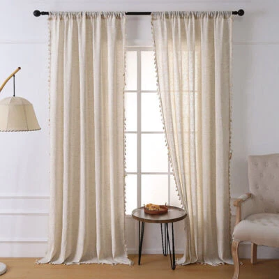 1/2x Panel Linen Sheer Curtains Window Drapes with Tassels Farmhouse Boho Decor - Image 1 of 4
