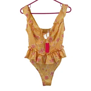 MENTIONABLES x Karlie Rae Lang Teddy Bodysuit Size Large Yellow Floral Ruffle - Picture 1 of 14