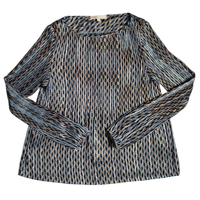 Maje Top Womens 1 (UK 8) Blue Maya Metallic Print Pleated Satin Jacquard Blouse - Image 1 of 4