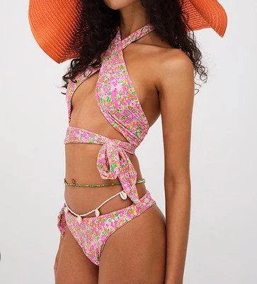 Top de bikini FOR LOVE & LEMONS rosa floral envuelto Dixie y pantalones descarados talla XS Foto 1 de 4