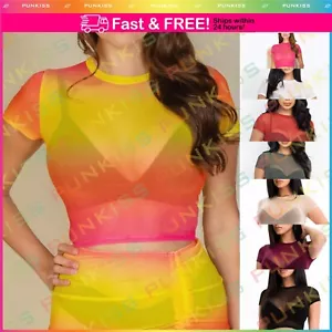 Womens See Through Round Neck Sexy Mesh Sheer Short Sleeve Casual Shirt Crop Top - Picture 1 of 21