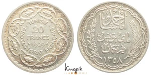 Tunesien, Französisches Protektorat, 20 Francs AH 1357 / 1939, KM 266, 19,94g. - Picture 1 of 1
