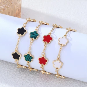 Pulsera trébol cinco hojas chapada en oro amarillo talla 8"" disponible en negro o blanco - Imagen 1 de 5