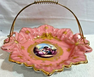 Limoges Design Pink Porcelain Gold Trim Candy Dish Dowl Metal Handle 8 1/4" NIB - Picture 1 of 9