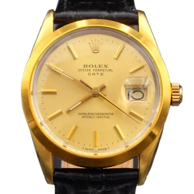 Rolex Date 15505 Mens 14k Yellow Gold Shell Watch Black Band Champagne Dial - Image 1 of 4